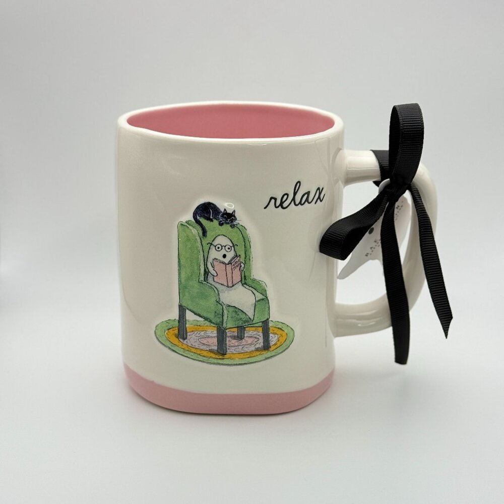 Rae Dunn Halloween Mug: "relax" cozied up ghost Reading Book